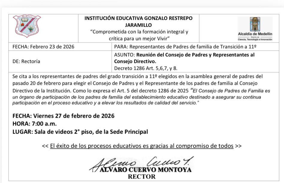 CONSEJO DE PADRES viernes 27 febrero
7:00 a.m. 
Sala de video - segundo piso